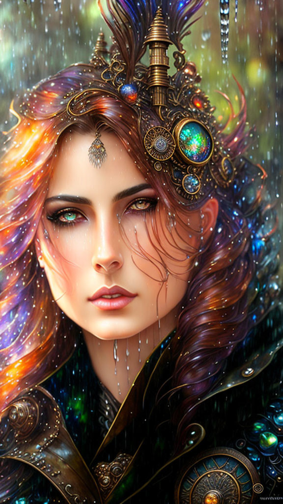 Digital artwork: Woman with multicolored hair, jewel-encrusted accessories, and mechanical elements