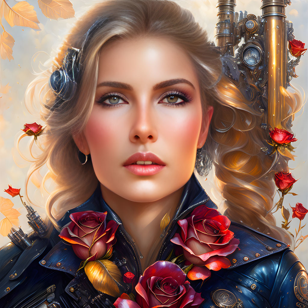 Digital artwork of woman with steampunk elements and roses, surrounded by autumn leaves