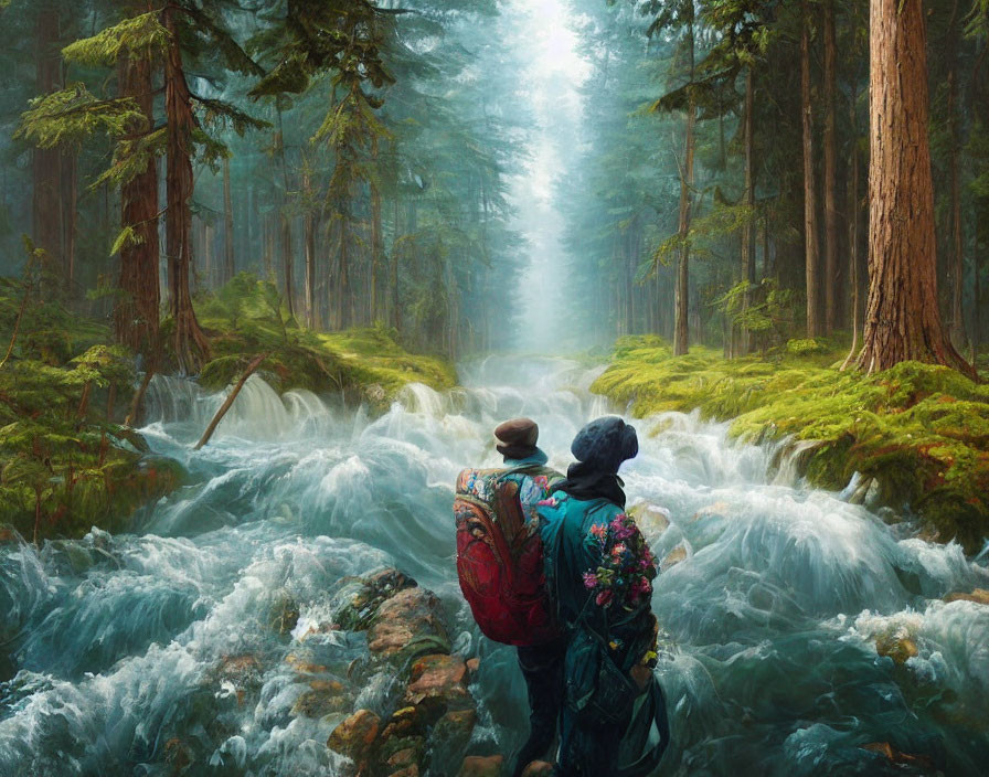 Hikers with colorful backpacks by forest stream amid misty light