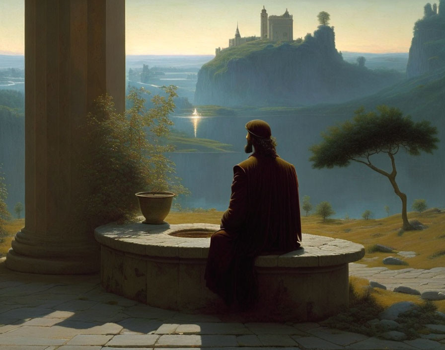 Historical figure on stone bench near river, gazing at distant castle at sunrise or sunset