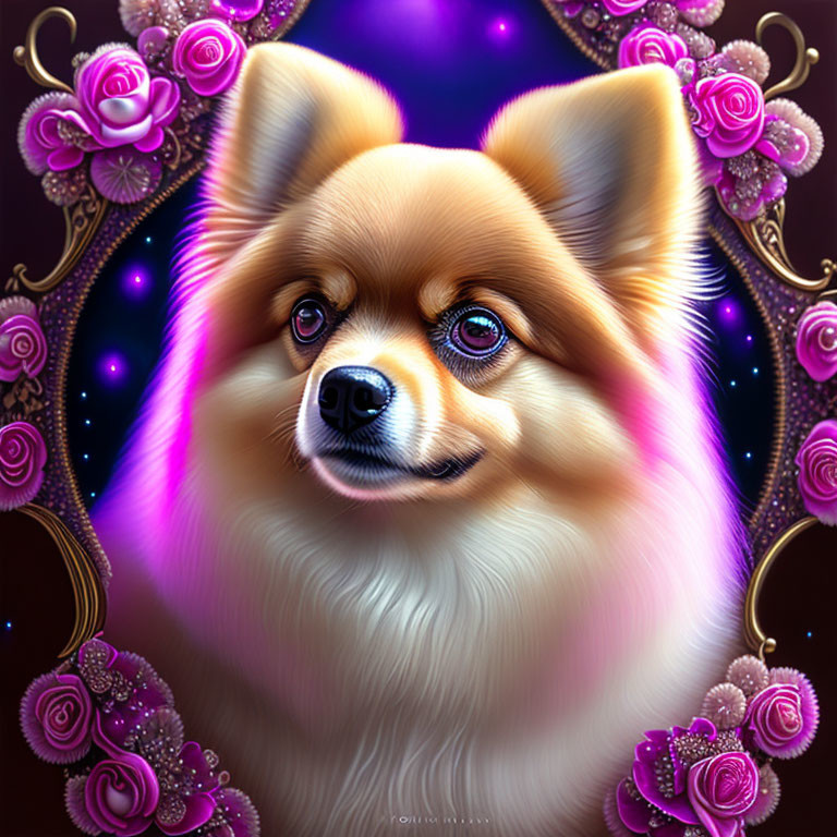 Stylized digital portrait of a Pomeranian with whimsical ornate background