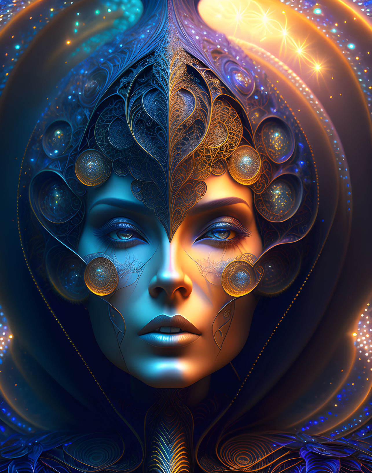 Colorful digital portrait of woman with peacock feather motifs in blue and gold.