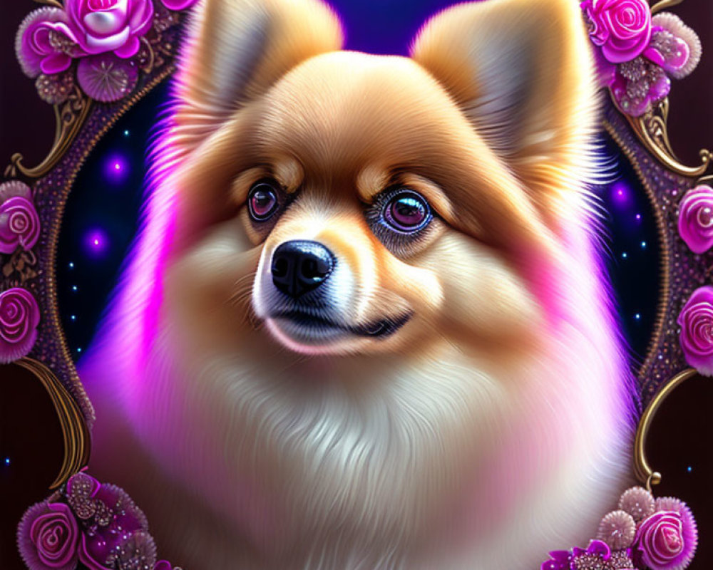 Stylized digital portrait of a Pomeranian with whimsical ornate background