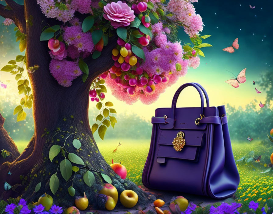 Colorful Designer Handbag in Magical Garden with Tree and Butterflies