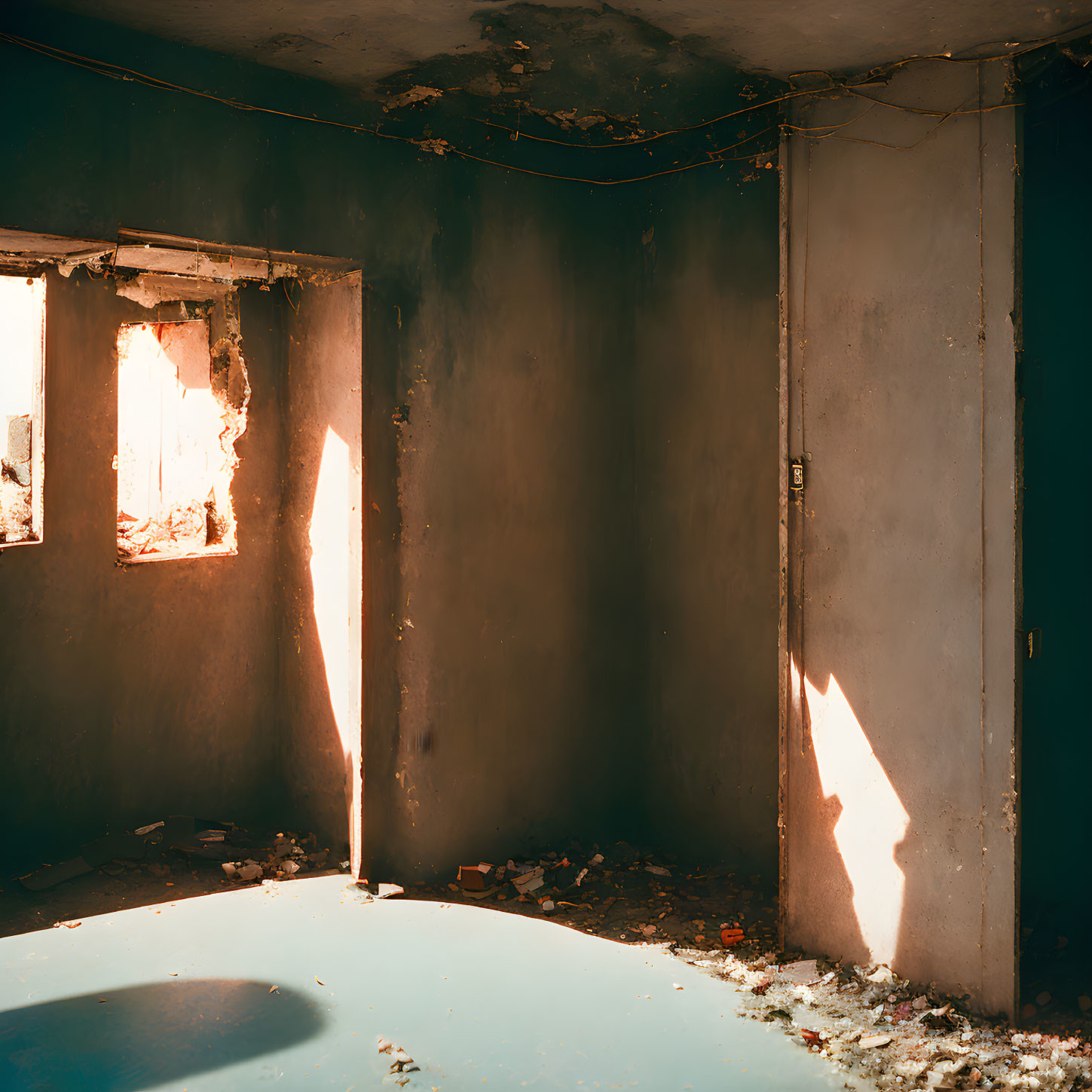 Abandoned room with peeling walls and debris, sunlight creates light and shadow contrast