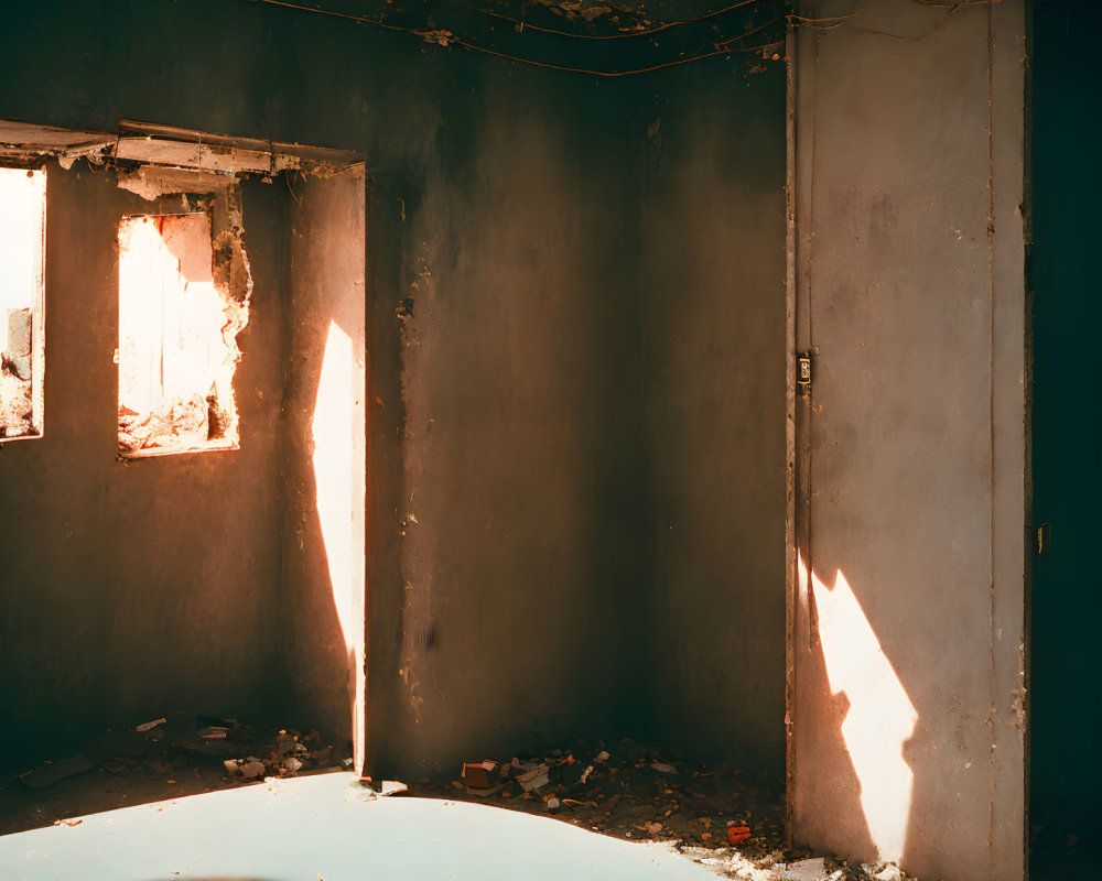 Abandoned room with peeling walls and debris, sunlight creates light and shadow contrast