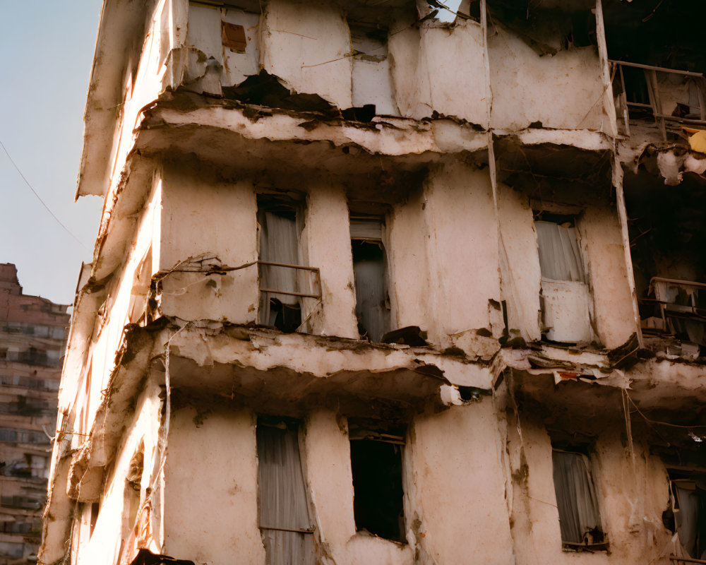 Decaying multi-story building with damaged exterior walls and window frames.