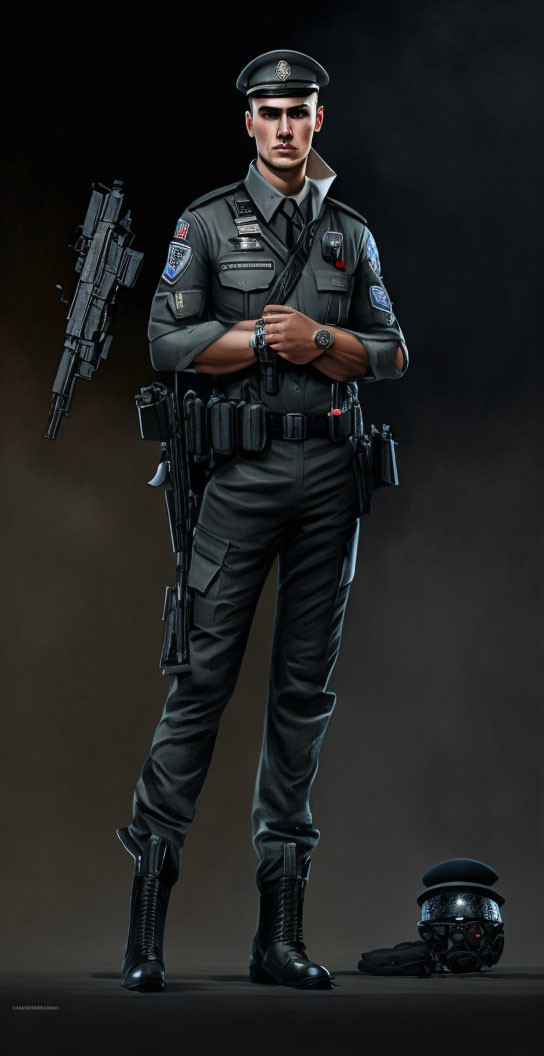 Futuristic police officer digital artwork with drone and high-tech rifle