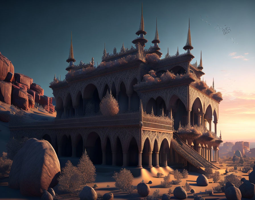 Ornate palace with spires and intricate designs in desert cliffs at sunrise or sunset