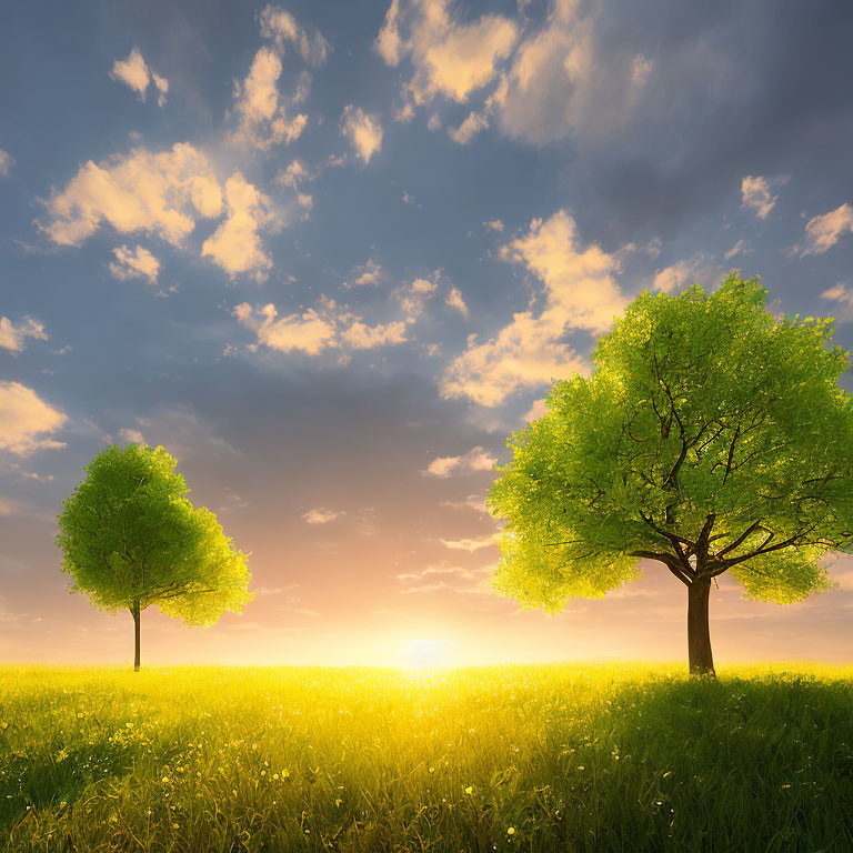 Tranquil sunrise landscape with lush trees and yellow flowers