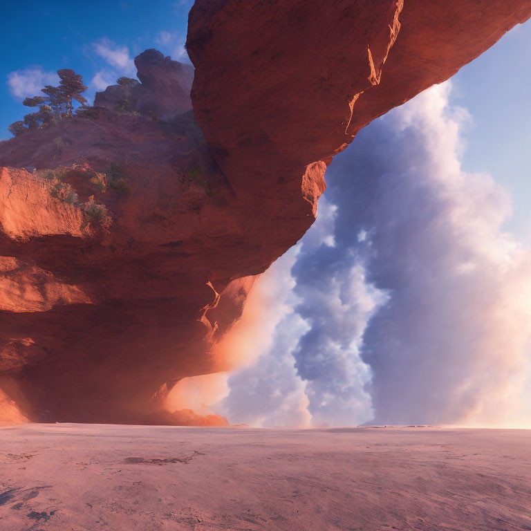 Red Sandstone Arch in Vast Desert Landscape Under Sunny Sky