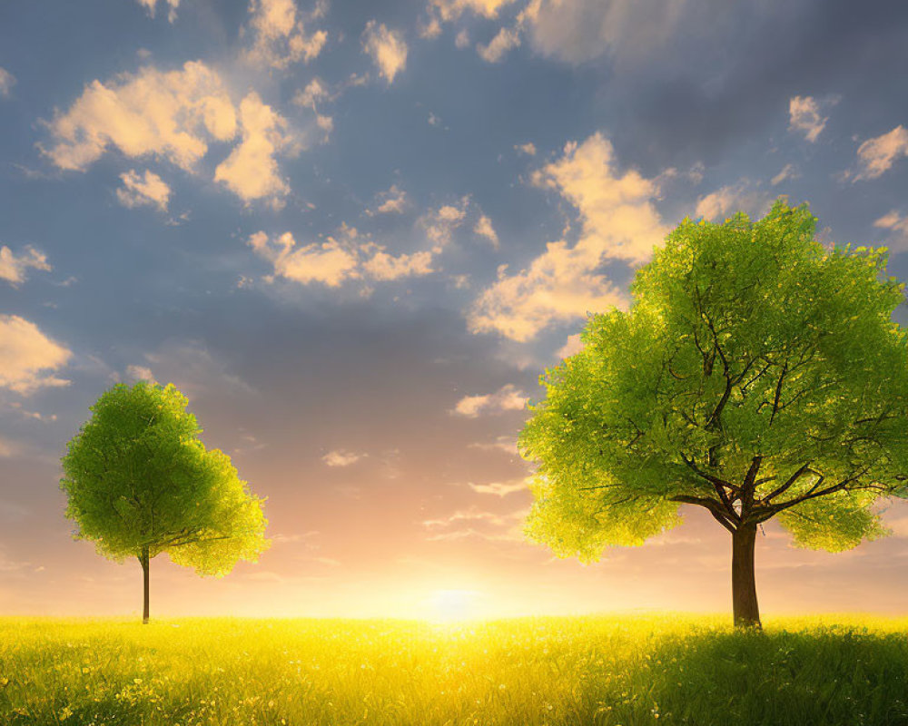 Tranquil sunrise landscape with lush trees and yellow flowers