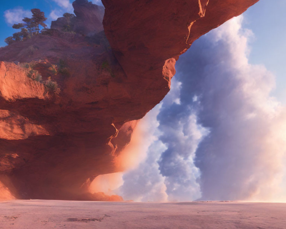 Red Sandstone Arch in Vast Desert Landscape Under Sunny Sky