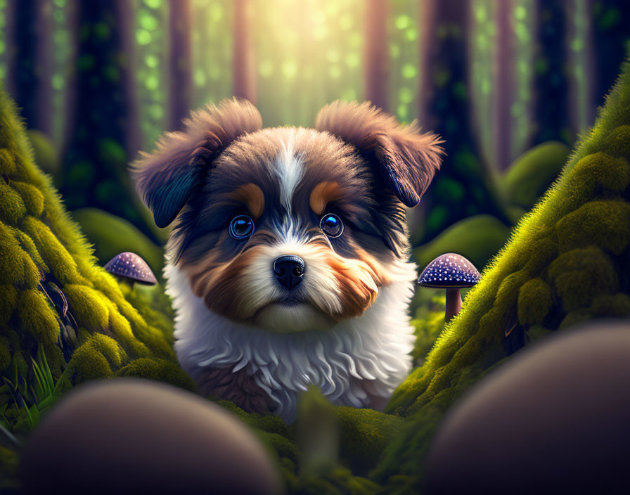 Tricolor Puppy in Forest Setting with Mushrooms and Stones