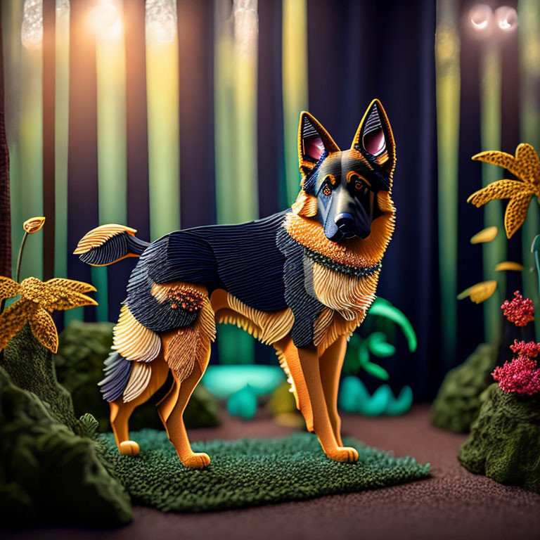 Stylized German Shepherd in vibrant plant setting