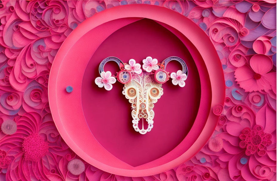 Colorful 3D paper quilled bull skull with pink floral patterns