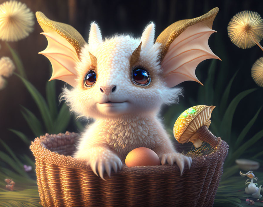 Whimsical creature with dragon-like wings in basket with egg and glowing mushroom