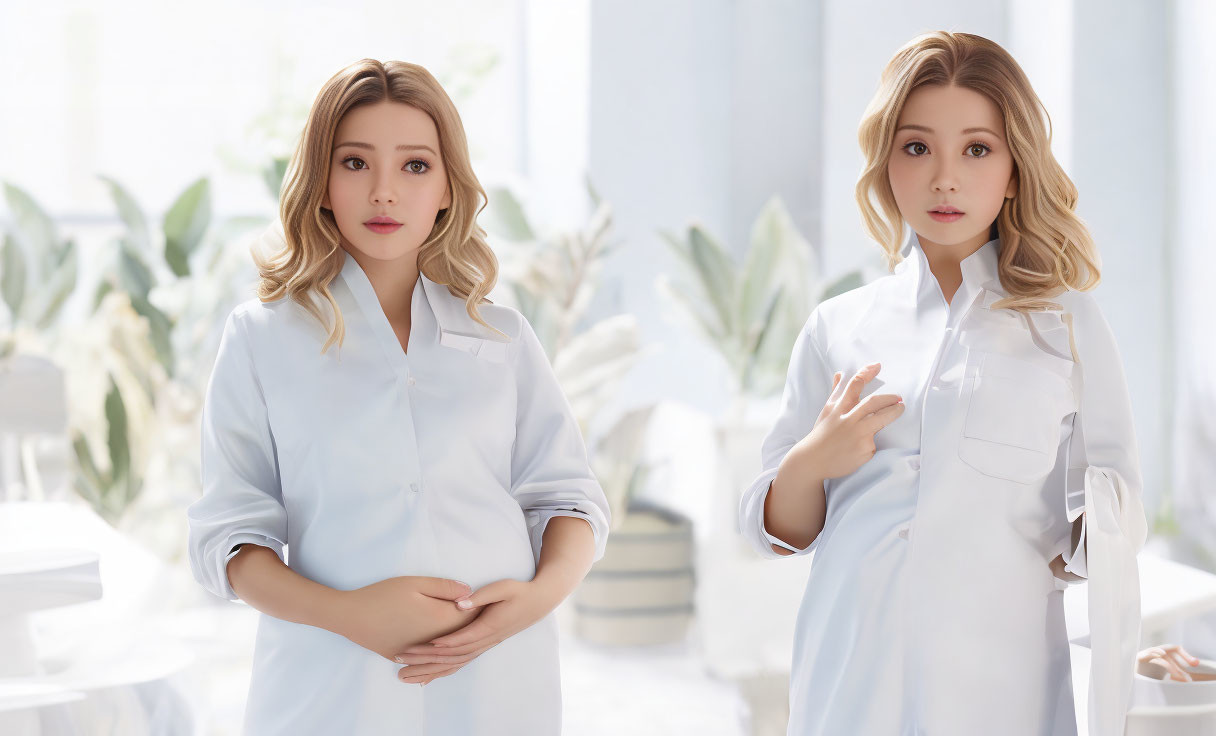 Identical pregnant women in bright room with plants