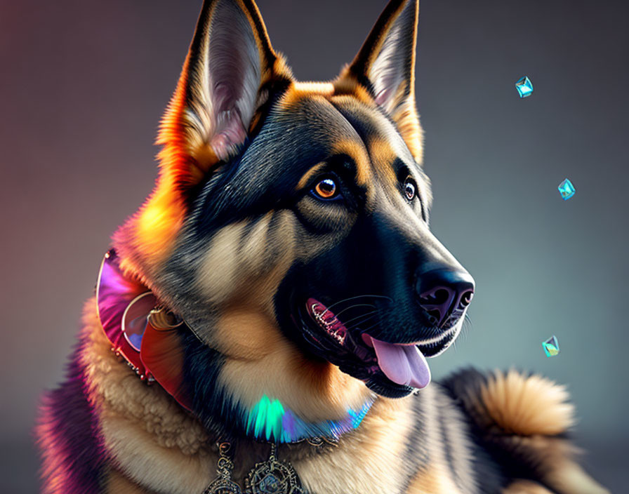 Vibrant German Shepherd portrait with holographic collar and crystals