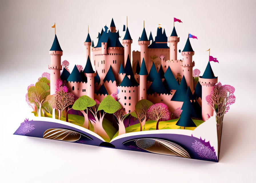 Detailed 3D paper castle in pop-up book with flags and towers