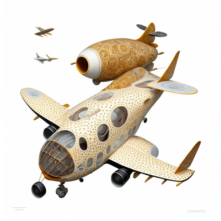 Whimsical airplane illustration with gold and white pattern, round windows, and flying smaller planes.