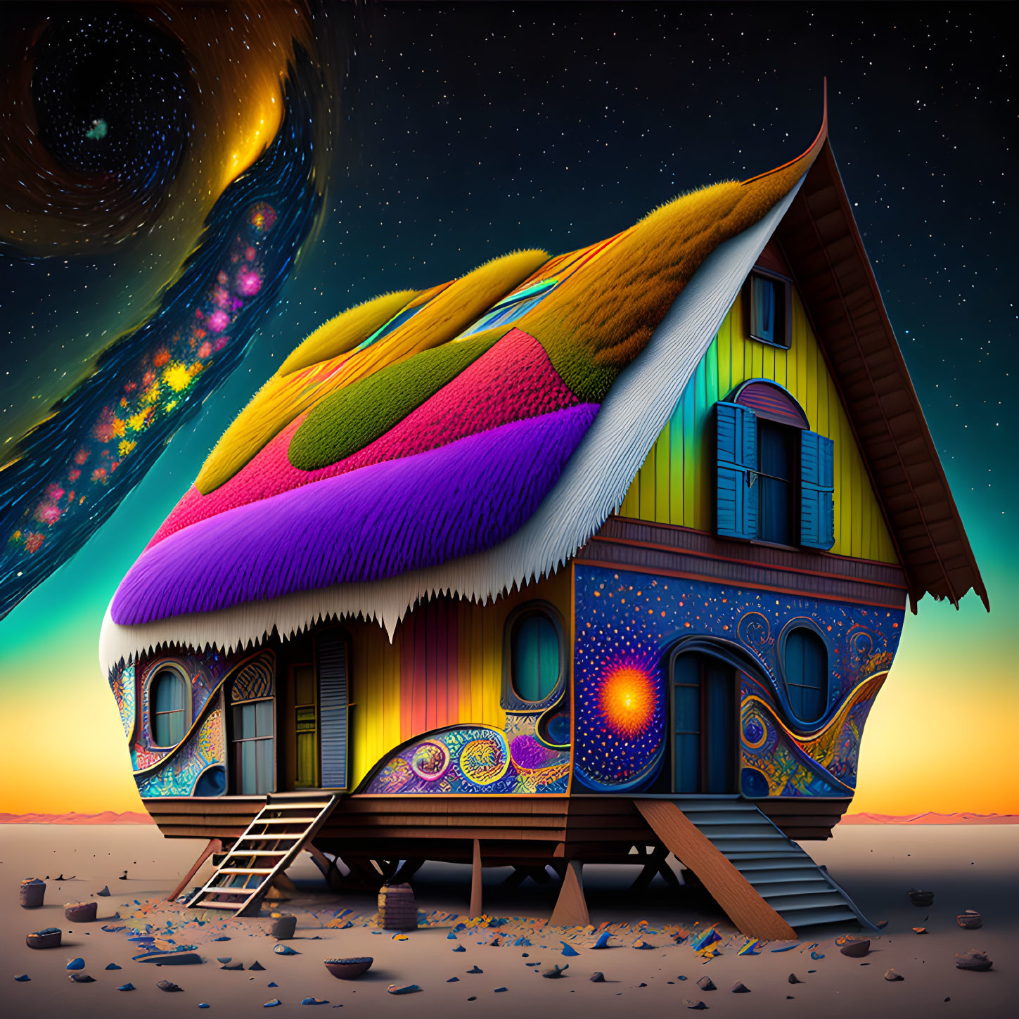 Multicolored fantasy house with thatched roof under swirling galaxy in desert landscape