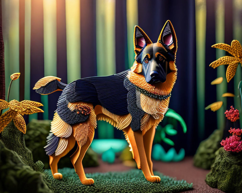 Stylized German Shepherd in vibrant plant setting