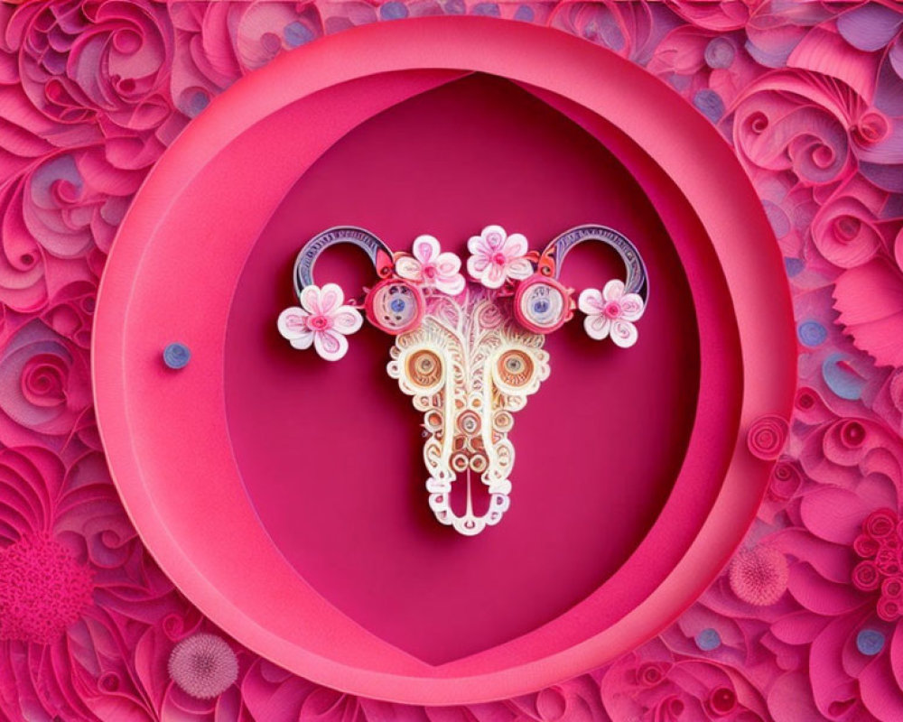 Colorful 3D paper quilled bull skull with pink floral patterns