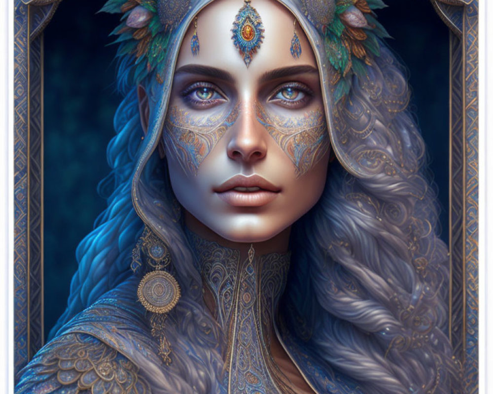 Intricate Blue and Gold Face Paint Portrait with Feathered Headdress