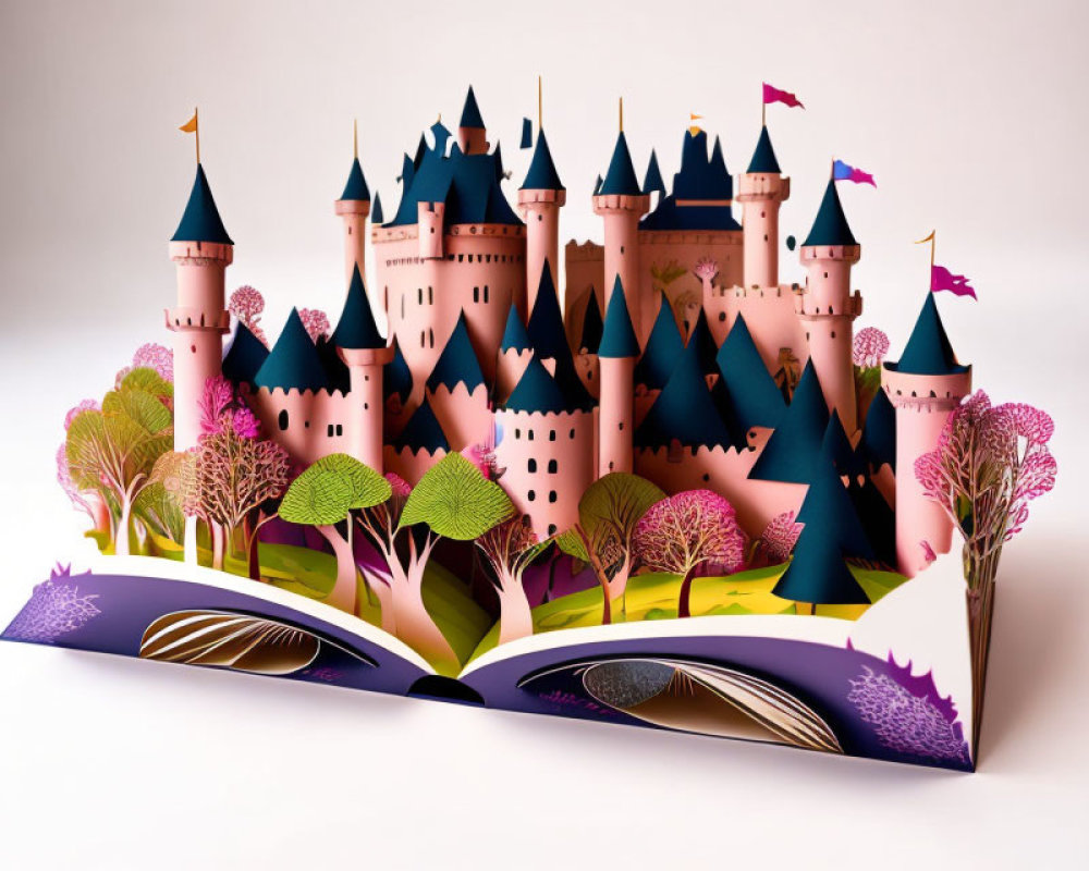 Detailed 3D paper castle in pop-up book with flags and towers