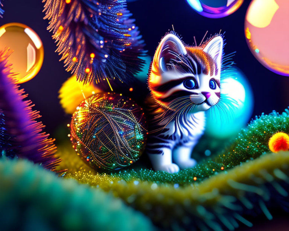 Adorable striped kitten in festive Christmas scene