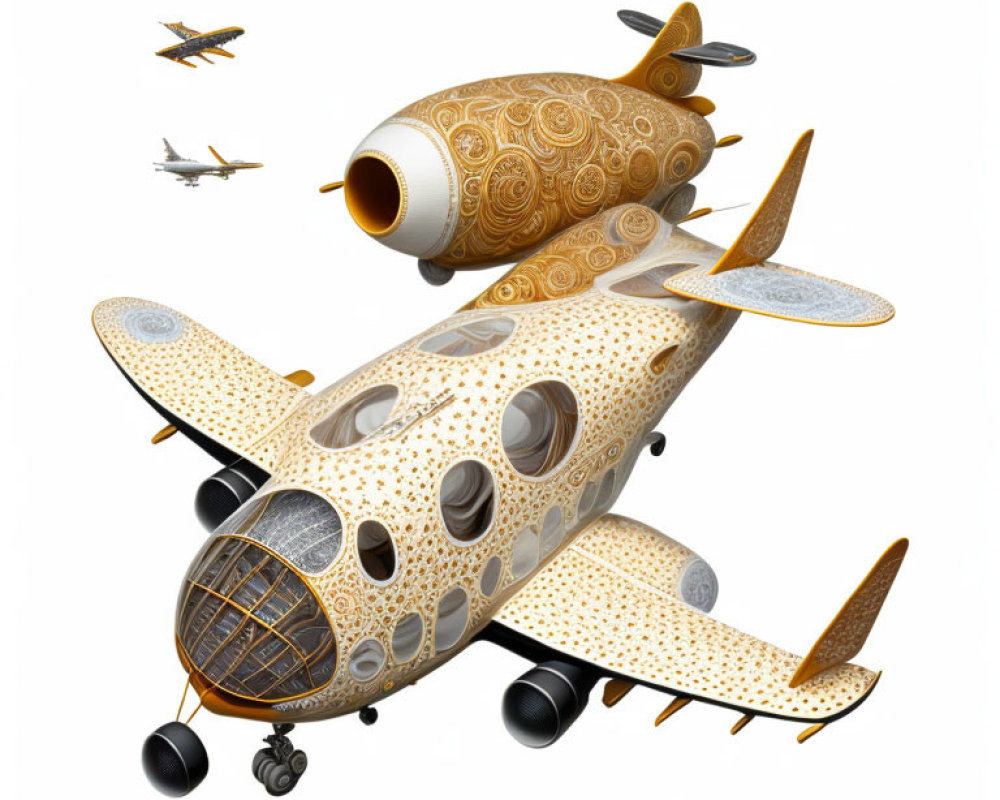 Whimsical airplane illustration with gold and white pattern, round windows, and flying smaller planes.