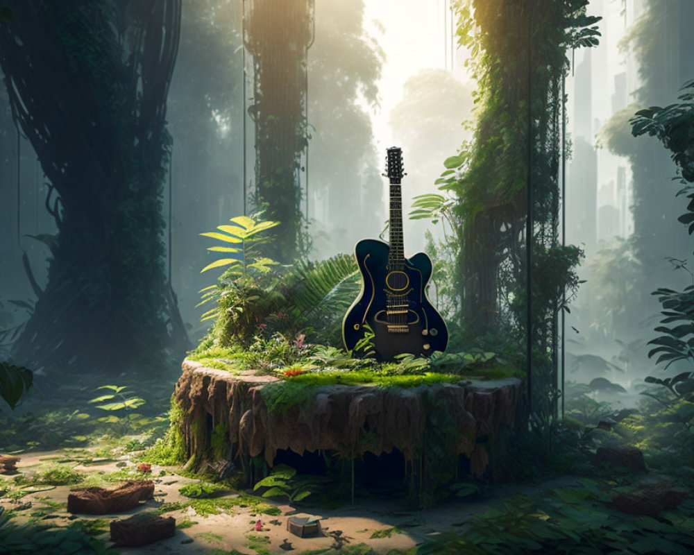 Serene forest clearing with acoustic guitar and lush greenery