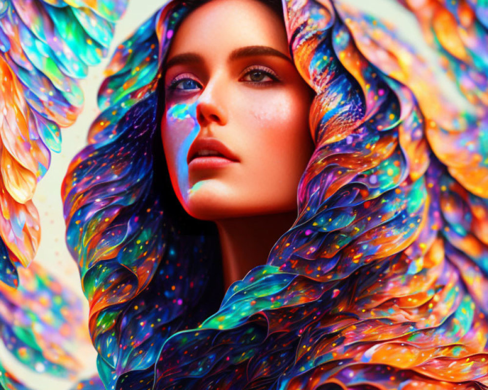 Multicolored iridescent wings framing woman's head.