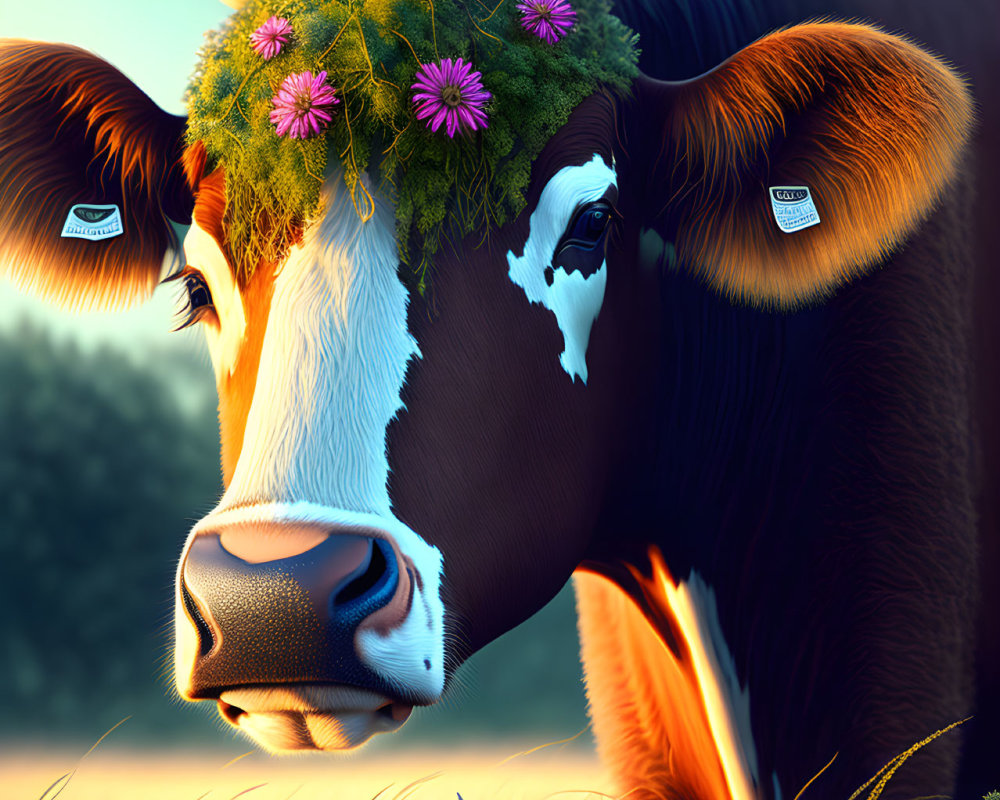 Whimsical cow illustration in sunlit field with flowers.