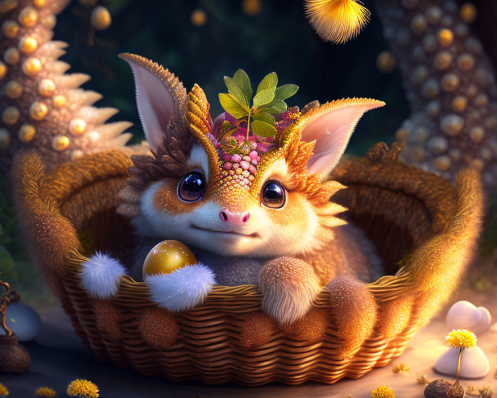 Fluffy creature with large ears in wicker basket surrounded by glowing plants