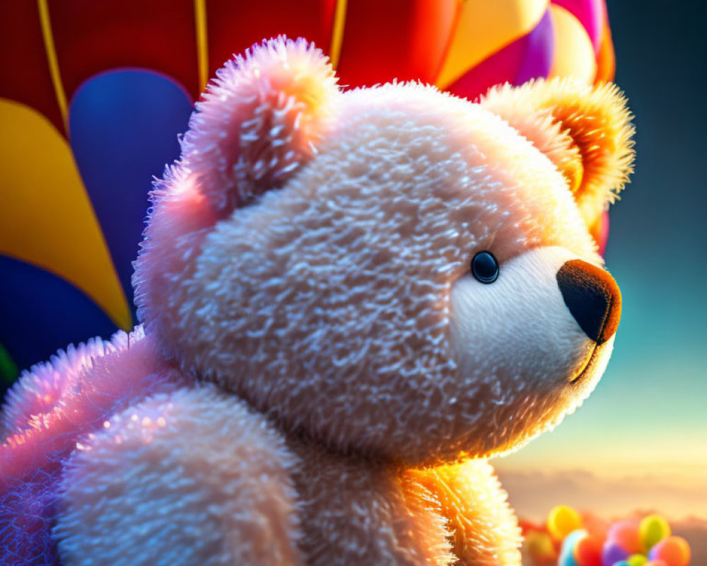 Plush Teddy Bear with Colorful Balloons in Background