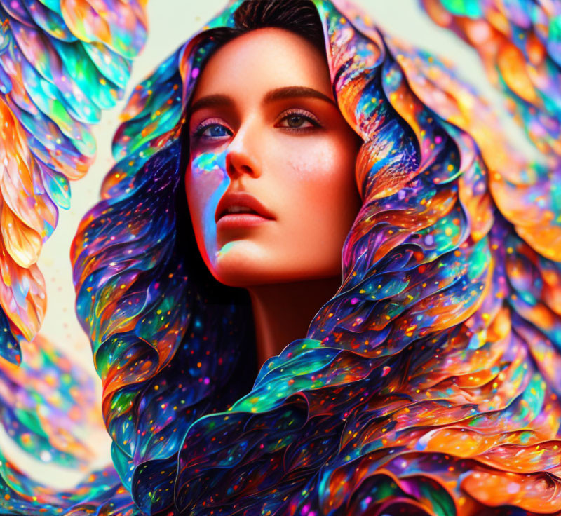 Multicolored iridescent wings framing woman's head.