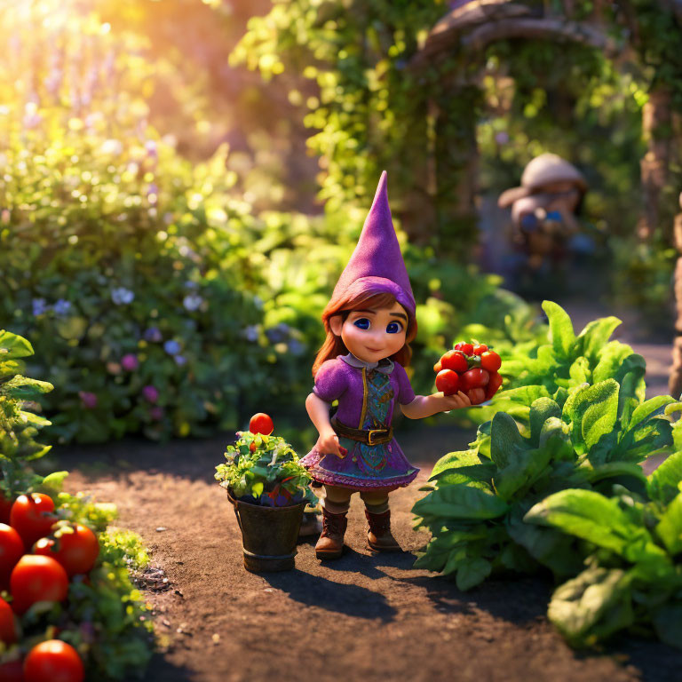 Purple-hatted garden gnome surrounded by greenery with ripe tomato and plants bucket.