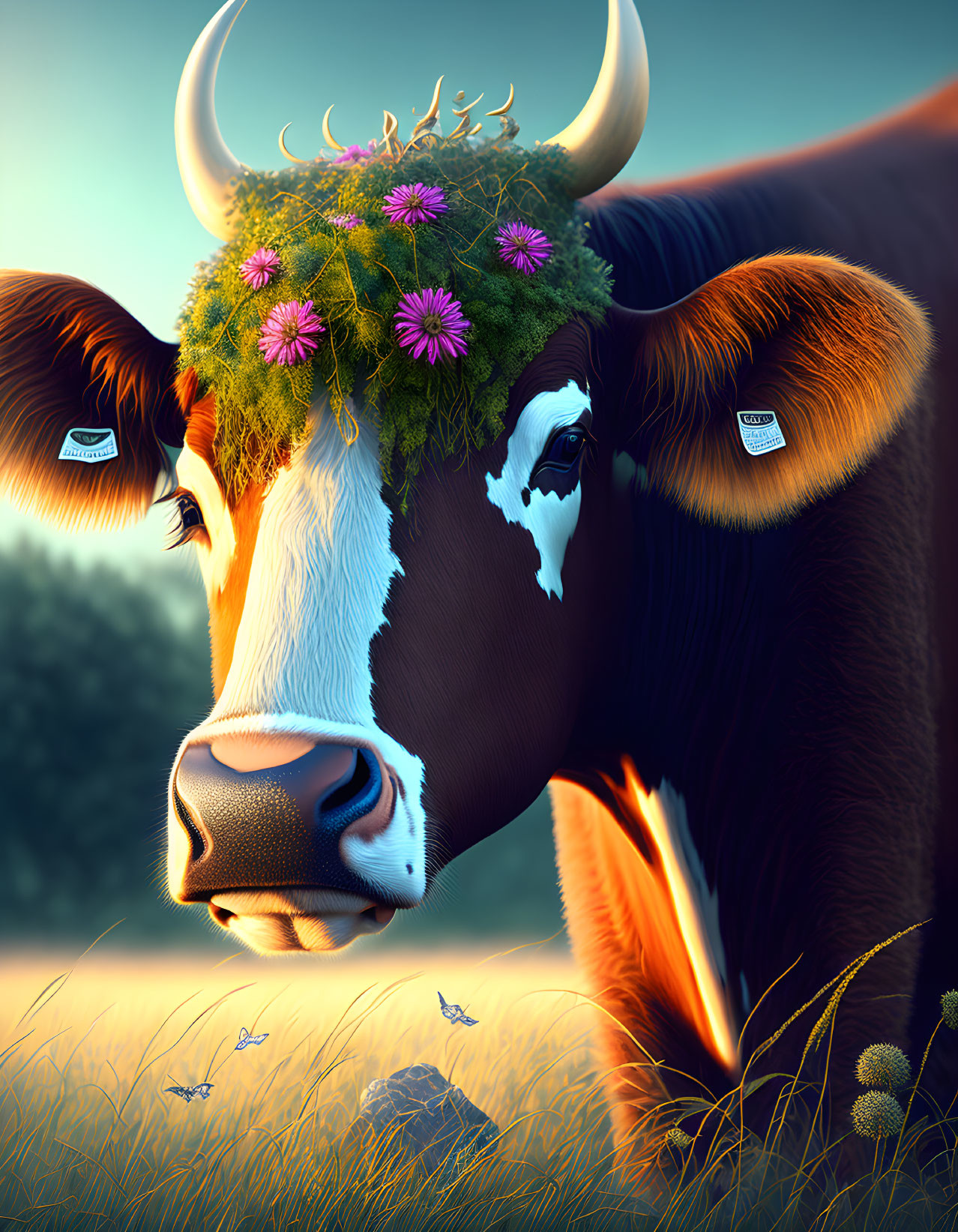 Whimsical cow illustration in sunlit field with flowers.