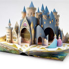 Detailed 3D paper castle in pop-up book with flags and towers