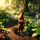 Purple-hatted garden gnome surrounded by greenery with ripe tomato and plants bucket.