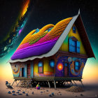 Multicolored fantasy house with thatched roof under swirling galaxy in desert landscape