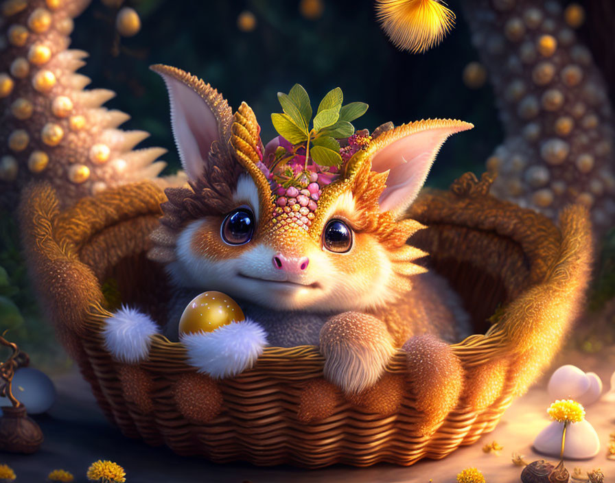 Fluffy creature with large ears in wicker basket surrounded by glowing plants