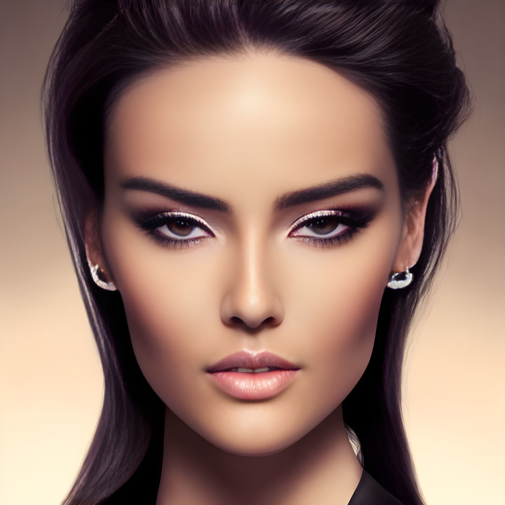 Dark-haired woman with bold makeup and diamond earrings on beige backdrop