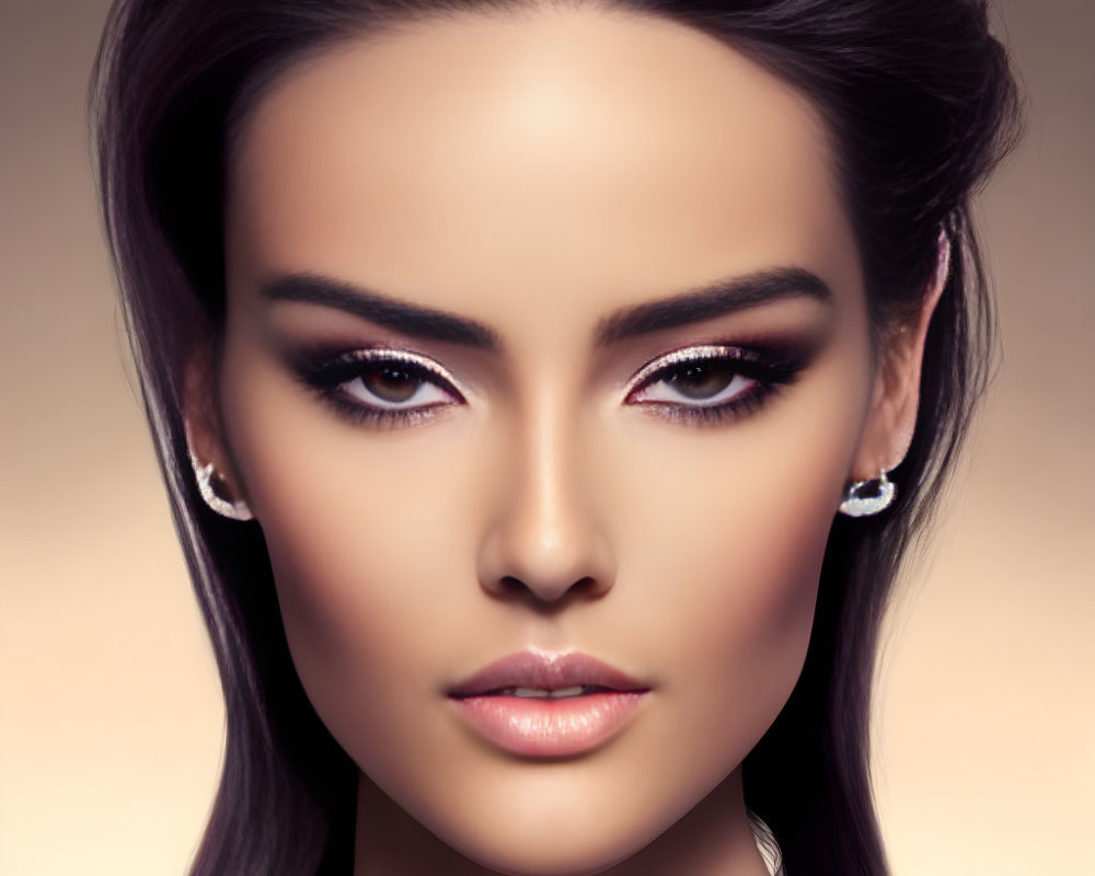 Dark-haired woman with bold makeup and diamond earrings on beige backdrop