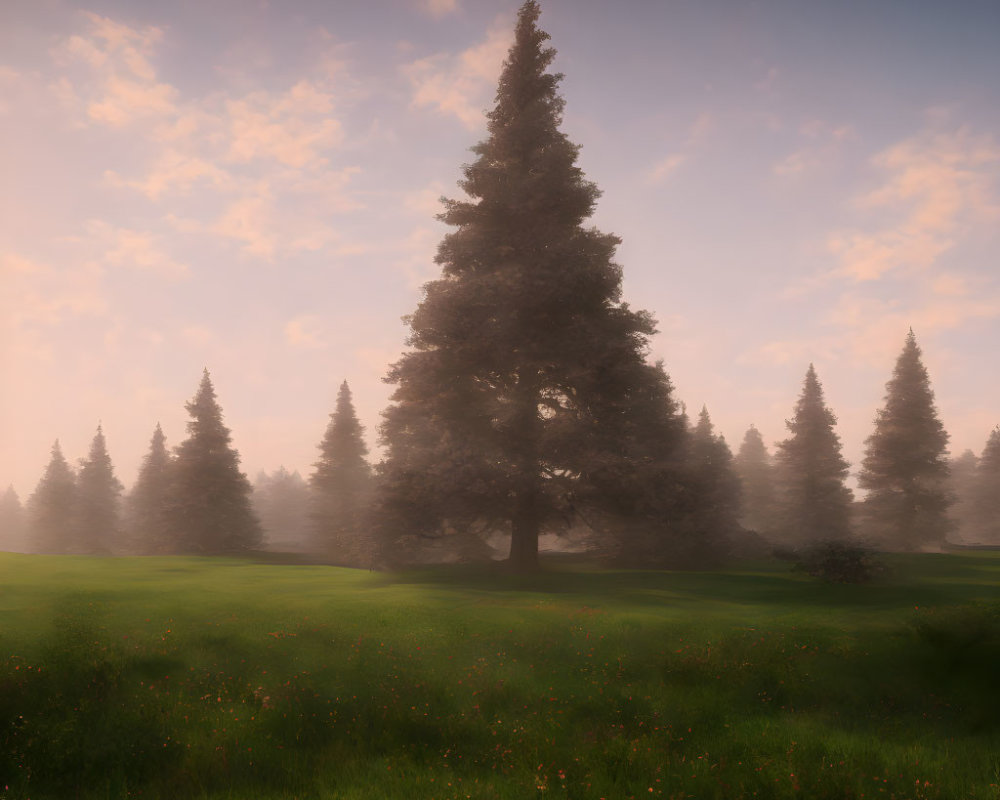 Tranquil misty meadow with tall evergreens and prominent tree in soft morning light