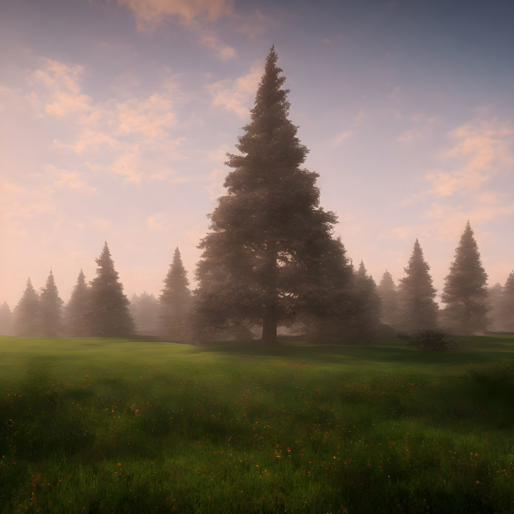 Tranquil misty meadow with tall evergreens and prominent tree in soft morning light