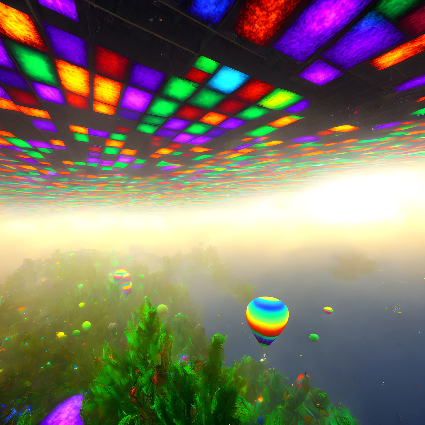 Colorful Patchwork Ceiling Over Lush Forest with Orbs and Hot-Air Balloons