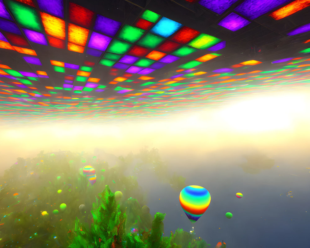 Colorful Patchwork Ceiling Over Lush Forest with Orbs and Hot-Air Balloons